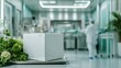 © Larisa AI - A pristine kitchen space in a hospital showcasing organized freshness and preparation, emphasizing a focus on health, cleanliness, and dietary care in a medical environment.