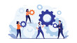© Jeba - Team of diverse people collaboratively assembling large gears, symbolizing teamwork, problem-solving, and efficient business operations and synergy.