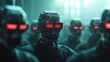 © Larisa AI - A mesmerizing assembly of robotic figures with glowing red eyes, displaying a futuristic aesthetic that raises questions about the future of technology and humanity.