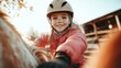 © Larisa AI - A smiling girl wearing a helmet enjoys horseback riding on a sunny day, capturing the thrill and love for nature and animals in her heart.