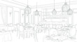 © Malik  - Elegant black and white line art drawing depicting the interior of a sophisticated dining room or fine dining restaurant set up completely for service with a prominent bar area in the background.