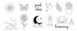 © NK - Hand drawn line art boho set featuring spiritual symbols, nature elements, and inspirational text for spiritual wellness and positive lifestyle