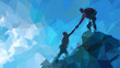 © Qaqas - A helping hand. A man on top of a mountain helps another to climb. A low-poly construction of interconnected elements. Blue background.