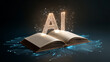 © Qaqas - Futuristic AI learning concept with glowing open book and AI letters connected to circuit board on dark background. Artificial intelligence education and innovation. Abstract vector illustration.
