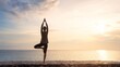 © LiliGraphie - Woman practicing tree pose yoga on seaside rock at sunrise for wellness, fitness, meditation poster, background and lifestyle design