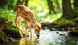 © Bill - Deer fawn drinking water from a stream in a forest. AI