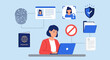 © Steven - Woman verifying identity on laptop surrounded by security icons and documents