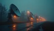 © miss irine - Large radio dishes stand in fog at night. Warm ground lights illuminate the wet road and bare trees. Mysterious atmosphere suggests science research and communication.
