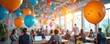 © miss irine - Office party with balloons, confetti celebrates work anniversary. Team members gather, sharing joyful moments, fostering company spirit, acknowledging employee achievements in festive, bright