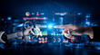 © InfiniteFlow - A futuristic scene depicting a human hand reaching out to a robotic arm, showcasing dynamic data visualizations and urban cityscape in the background. Impute