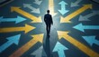 © miss irine - Man in suit walks at asphalt intersection marked with many arrows pointing in different directions. Businessman faces multiple paths, options, and choices for future journey.