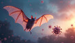 © miss irine - Bat flies in sky surrounded by viruses. Concept of zoonotic disease transmission from animals to humans. Illustrates viral infection danger.