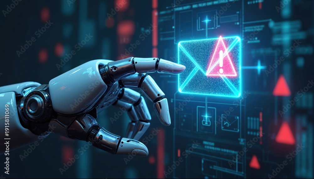 Robot hand interacts with digital interface showing email alert. AI ...