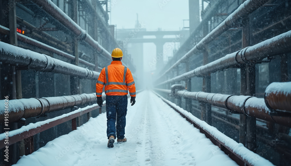 Snow At Work Worker walks on snowy walkway past pipes in industrial setting during ...