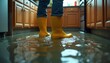 © miss irine - Person wears yellow boots wading through flooded kitchen. Water covers floor near cabinets and appliances. Reflections show submerged room surfaces.