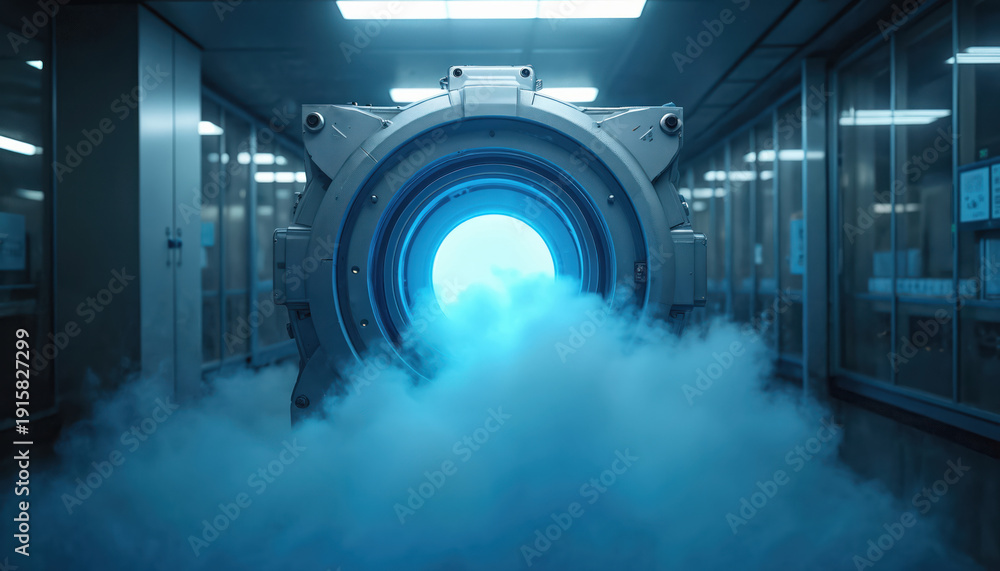 Futuristic cryogenic machine emits cold vapor. Advanced tech lab with ...