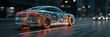 © Oulaphone - A futuristic digital car model with glowing circuit patterns drives on a city street at night, blending technology and automotive design.