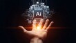© AI Bundle - Hand holding a futuristic artificial intelligence microchip with glowing light on dark background
