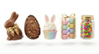 © Wildan 5 - Delicious assortment of Easter-themed chocolates and treats, including a bunny, egg, cupcake, macarons, and candy-filled jar