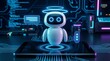 © CuteBee - A charming 3D rendered AI robot, a virtual assistant, stands on a glowing tablet screen, surrounded by chat bubbles and futuristic circuit board patterns.