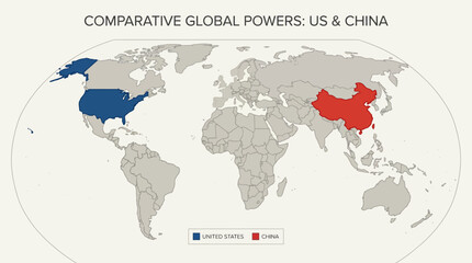  World Map Vector – Comparative Global Powers Highlighting United States in Blue and China in Red, Geopolitical Influence, International Relations, Neutral Gray Background Graphics