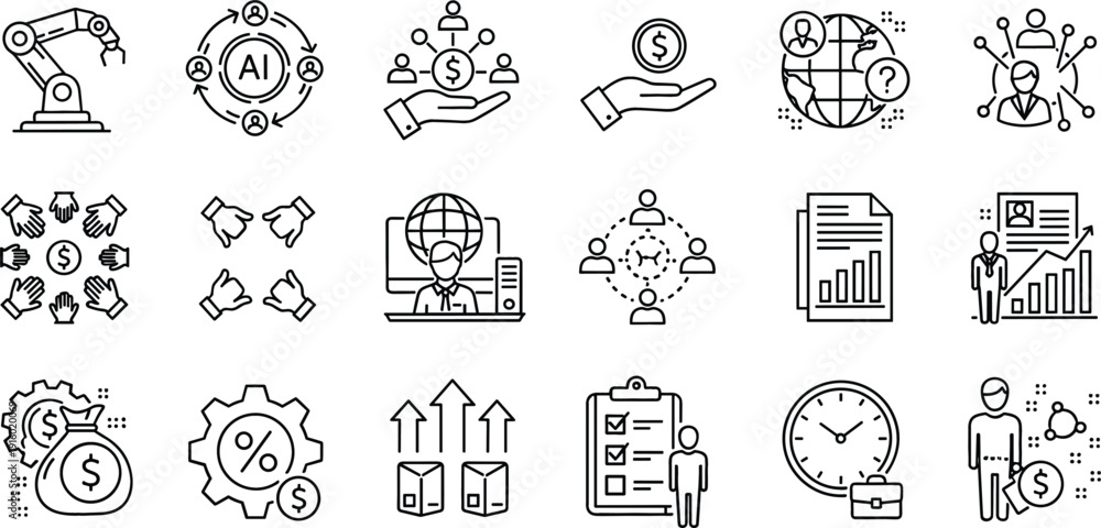 Artificial intelligence and business automation line icon set with ...