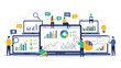 © AntonAlfatih02 - Flat illustration of business people analyzing data on multiple computer screens with graphs and charts in a colorful office setting.