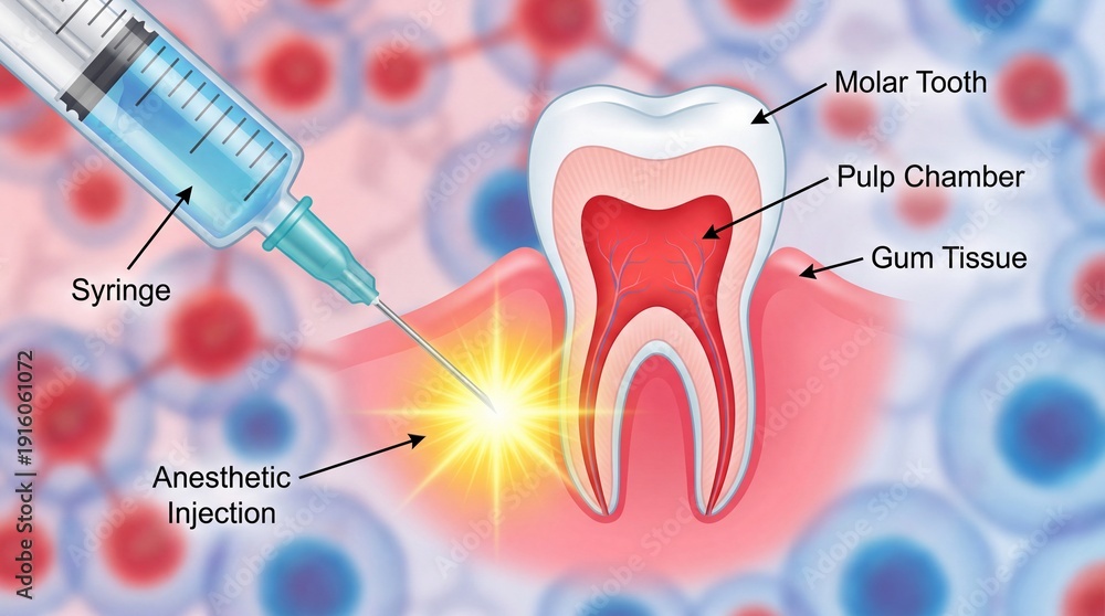 Teeth Remove Injection Dental procedure illustrating anesthetic injection into gum tissue near ...