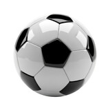 A shiny black and white soccer ball isolated on transparent background with reflective surface