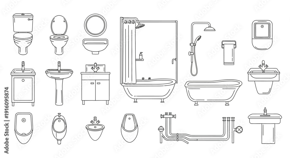 Bathroom Fixture and Plumbing Vector Set with Toilet Sink Bathtub and ...