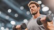 © Prostock‑studio - Man performing a focused dumbbell workout in a modern fitness gym with great light showcasing his dedication to physical health and strength training exercise