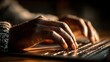 © Prostock‑studio - Dark skinned hands typing on a laptop keyboard in a dimly lit workspace with warm golden light highlighting the keys for productive work