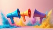 © miss irine - Three megaphones in bright colors blue orange purple burst with colorful powder clouds. Announce, promote, or advertise your message loud with these vibrant tools. Good for campaigns and alerts.