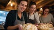 © forenna - Cheerful cooking class uniting families and friends as they bond over the joy of baking artisan bread together from scratch. Cozy kitchen filled with the aroma of rising dough, laughter, and