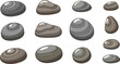 © Hamza - Collection of smooth assorted river stones and pebbles featuring various shapes and natural layered brown and gray tones isolated on white background