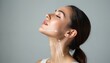© miss irine - Woman chin and neck analyzed with arrows for cosmetic surgery procedure. Youthful skin tightening consultation, medical aesthetic treatment planning.
