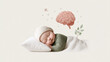 © pattozher - Dreaming of Growth: An innocent baby sleeps peacefully, with a floating brain and botanical elements representing the growth and development happening during sleep.