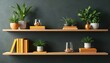 © Vadym - Minimalist home office shelves with potted green plants and books. Natural decor create calm workspace for remote work calls. Modern interior design element.