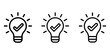 © MstPoliAkther - Three identical line art illustrations of a light bulb with a check mark inside, radiating light, depicting a bright idea or solution