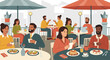 © faried ailesh - A diverse group of people enjoying meals and conversations at an outdoor cafe with umbrellas and city buildings in the background.