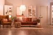 © Pixel-Shot - Interior of modern living room with brown sofa, armchair, shelving units and glowing lamps at evening