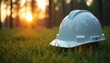 © Vadym - White construction helmet rests on green grass at sunset. Soft light filters through trees creating bokeh effect. Safety gear in natural outdoor setting.