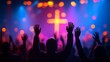 © Rifqi - Silhouettes raising hands toward a glowing cross on a vibrant blue and red stage with heavy bokeh effects, concept for church marketing, spiritual inspiration and worship service design