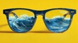 © Santi - Photorealistic blue sunglasses with ocean wave reflection on lenses, yellow background, creative summer concept, vibrant and playful mood
