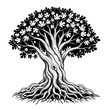 © Alexander - ancient fig tree, gnarled trunk, and sharp leaf silhouette rendered in high-contrast black and white vector line art isolated on white. concept of enduring strength and resilience
