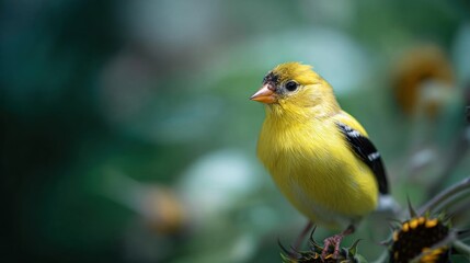  Close-up photograph of a small bird perched on a thistle plant. the bird is a goldfinch, also known as a american goldfinch. it has a bright yellow body with black stripes on its wings and tail.