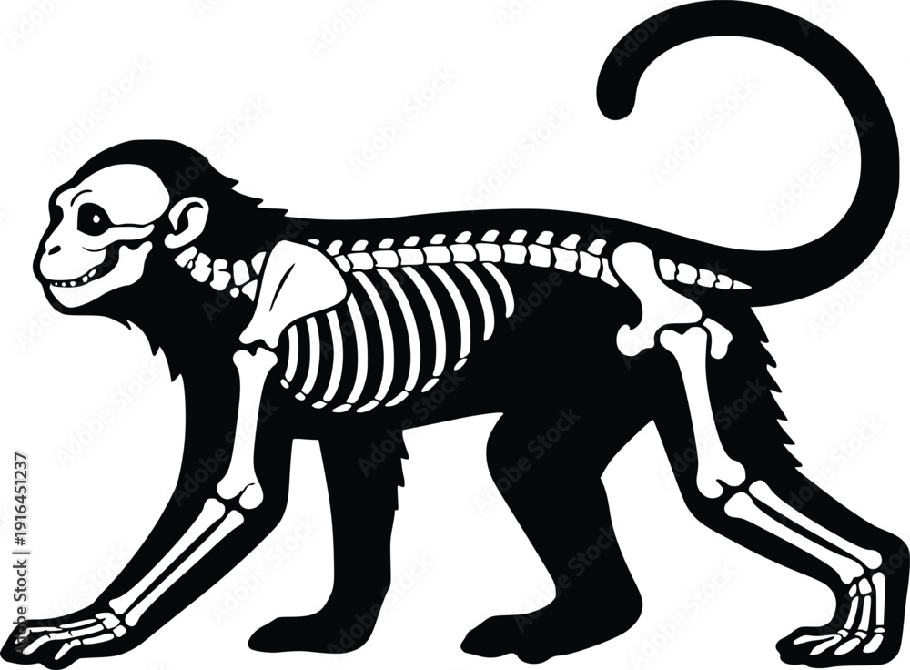 Anatomical Monkey Skeleton Vector Illustration in Black and White ...