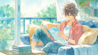 © 963k - 部屋で読書を楽しむ日常イラスト、室内、読書時間、趣味、リラックス、休息、くつろぎ、心地よい暮らし、インテリア、窓際、昼下がり、夜の静けさ、学習、勉強、集中力、ルーティン、作業用BGM向け、動画背景、サムネイル、余白、癒し素材