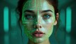 © Viktor - Woman face scanned with green digital grid overlay. Futuristic tech analyzes user data for security and identity. AI recognizes individual features for future applications.