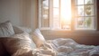 © Anastasiia - Cozy bed with white sheets and pillows bathed in warm morning sunlight streaming through open windows. Concept Cozy Morning Bedroom, Sunlit White Sheets, Open Window Light, Warm Natural Glow